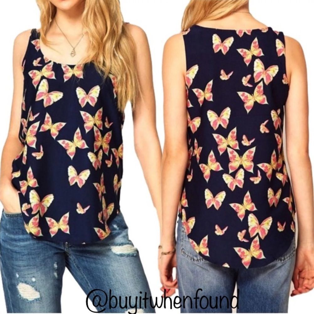 Sleeveless Navy Blue Butterfly Print Chiffon Top M-XL
